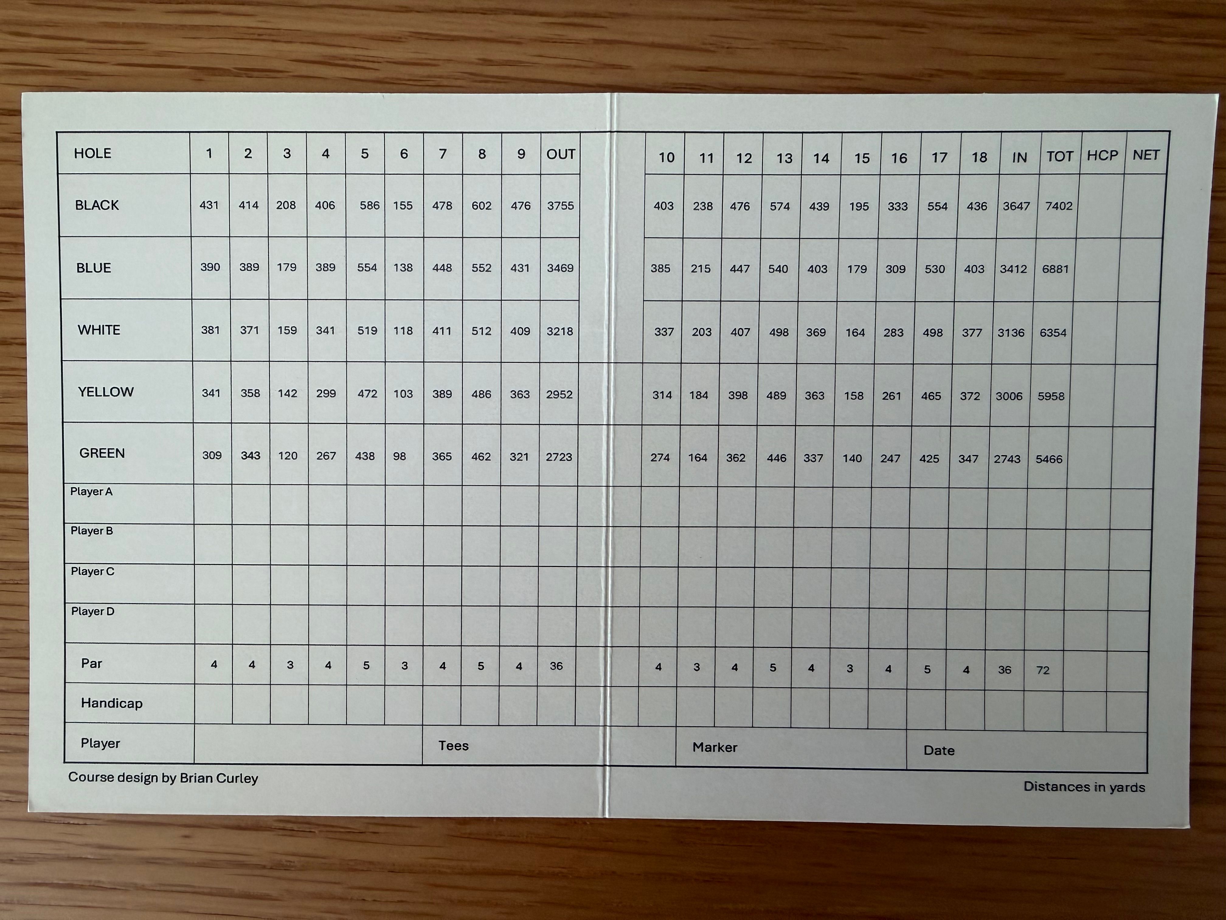 Shura Links Course Scorecard
